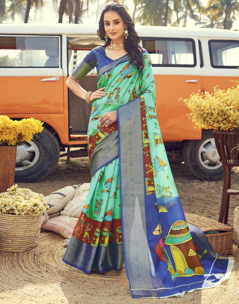 Ready to Wear Turquoise Silk Printed Saree