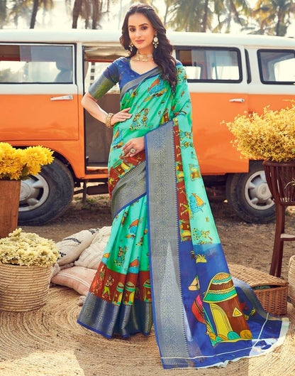 Ready to Wear Turquoise Silk Printed Saree