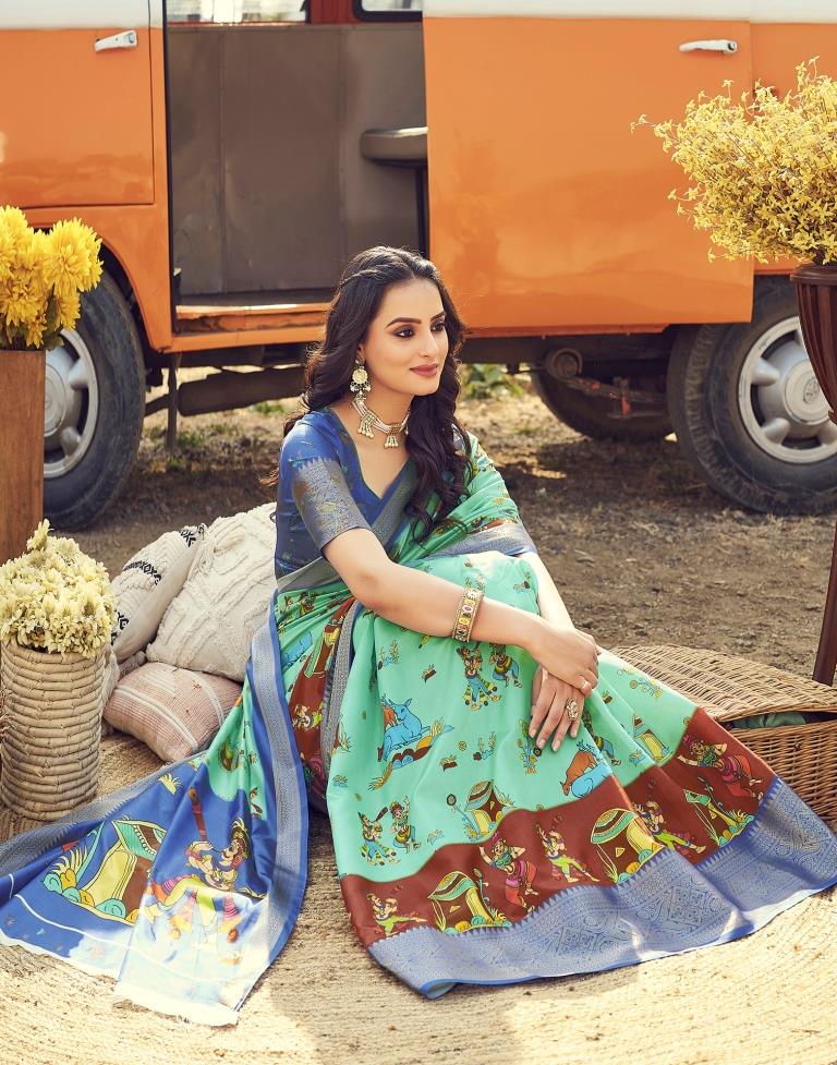 Ready to Wear Turquoise Silk Printed Saree