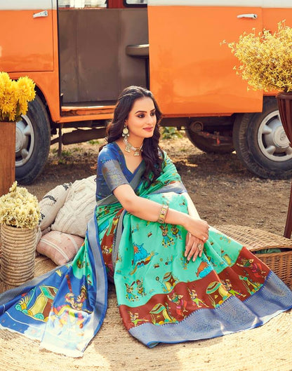 Ready to Wear Turquoise Silk Printed Saree