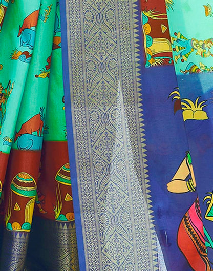 Ready to Wear Turquoise Silk Printed Saree