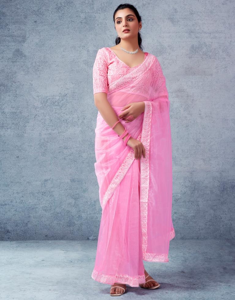 Ready to Wear Light Pink Organza Plain Saree