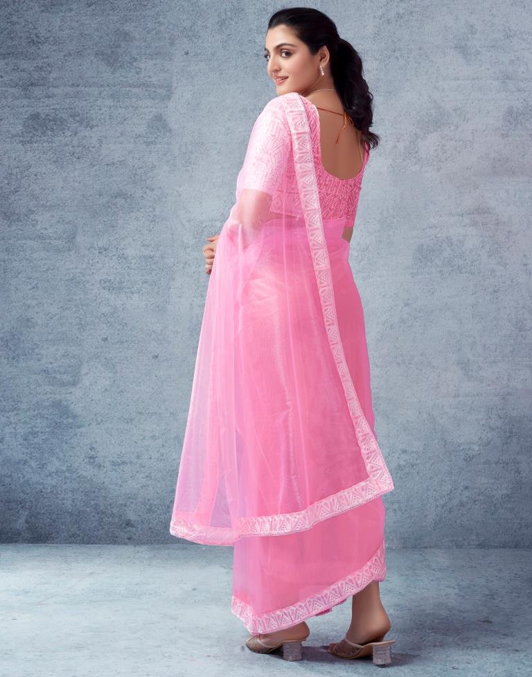 Ready to Wear Light Pink Organza Plain Saree