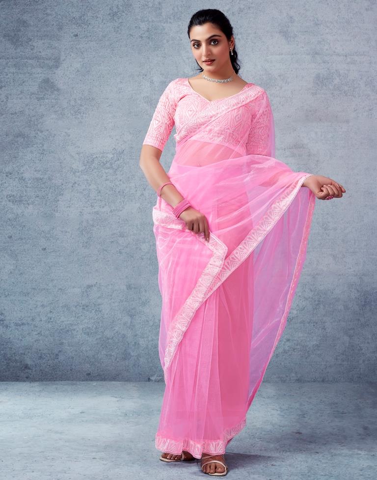 Ready to Wear Light Pink Organza Plain Saree