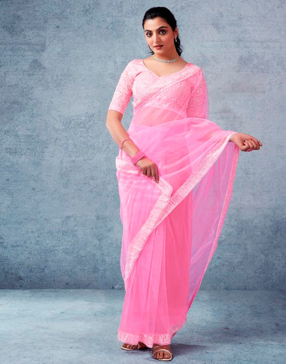 Ready to Wear Light Pink Organza Plain Saree