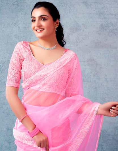 Ready to Wear Light Pink Organza Plain Saree