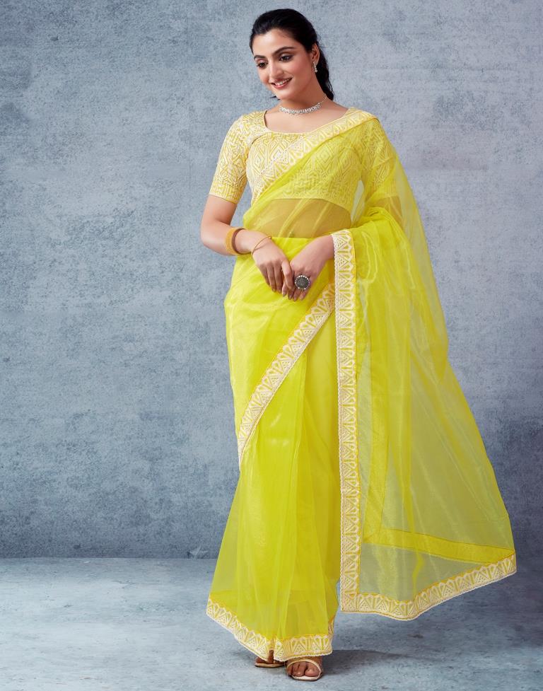 Ready to Wear Neon Yellow Organza Plain Saree