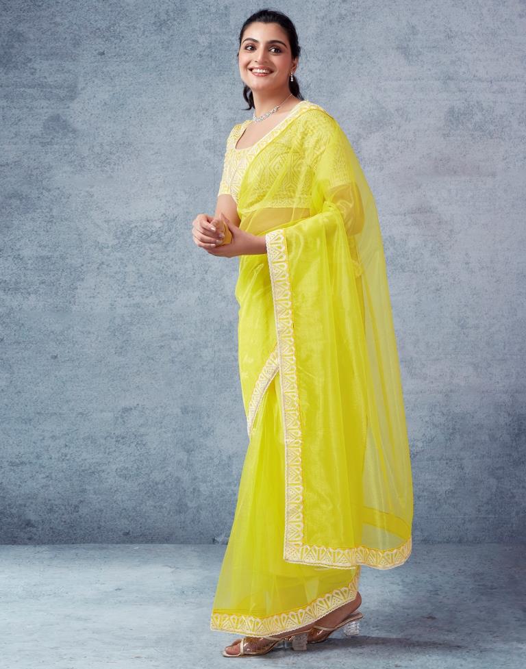 Ready to Wear Neon Yellow Organza Plain Saree