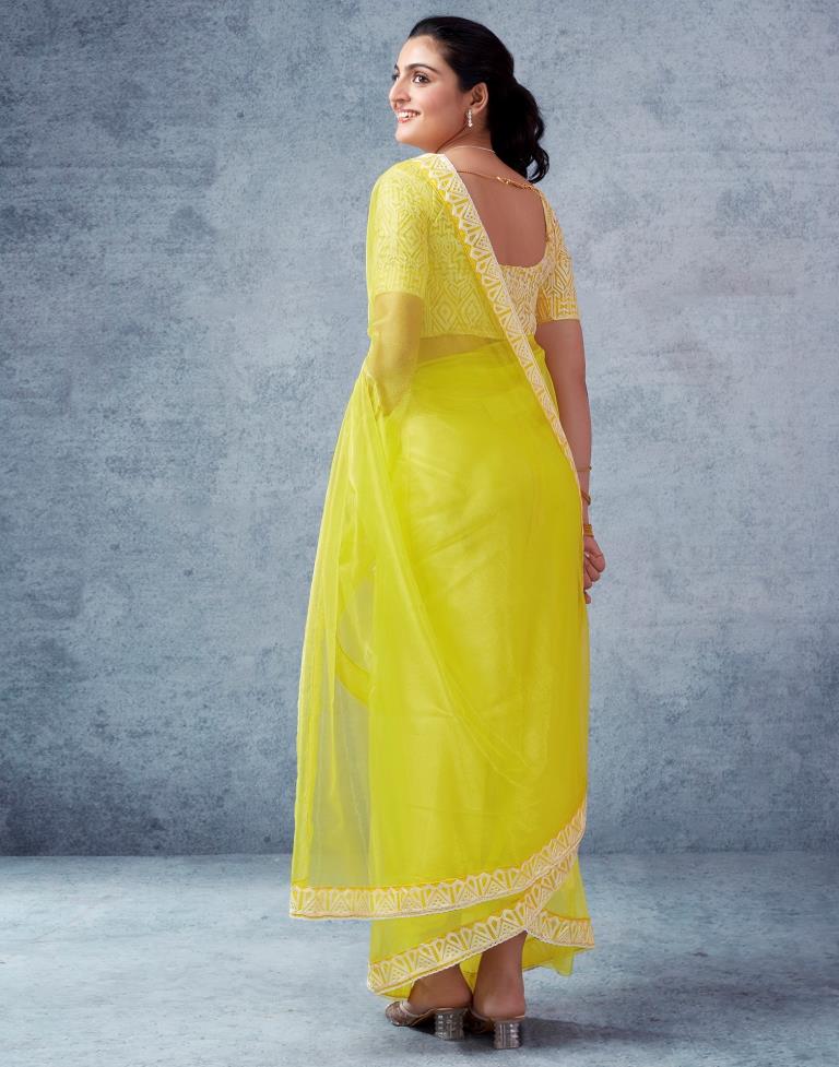 Ready to Wear Neon Yellow Organza Plain Saree