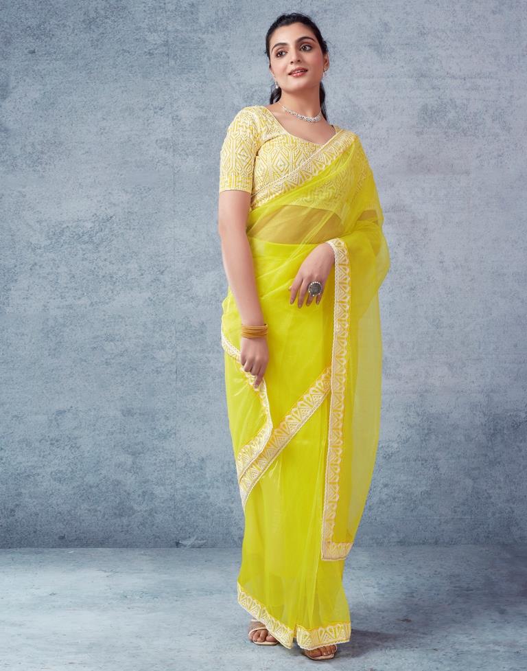 Ready to Wear Neon Yellow Organza Plain Saree