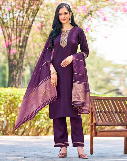 Deep Purple Silk Embroidery Straight Kurta Set