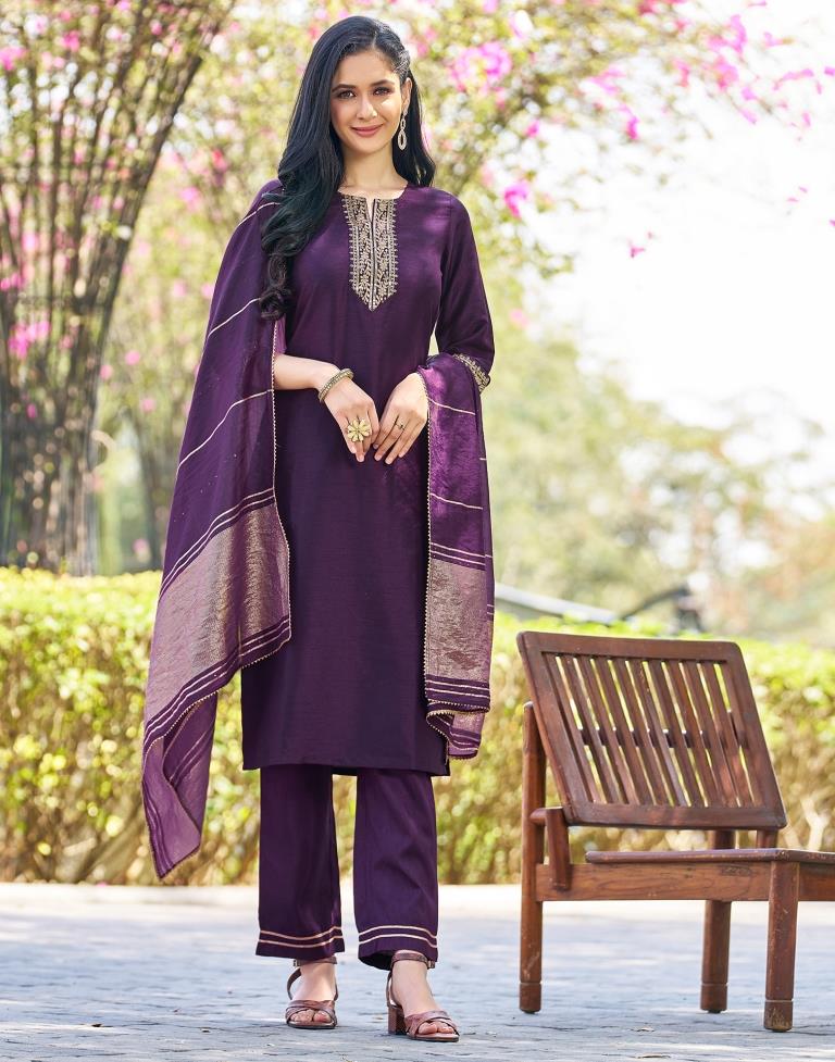 Deep Purple Silk Embroidery Straight Kurta Set