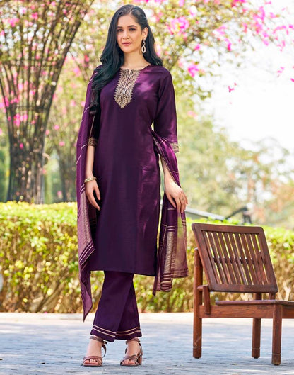 Deep Purple Silk Embroidery Straight Kurta Set