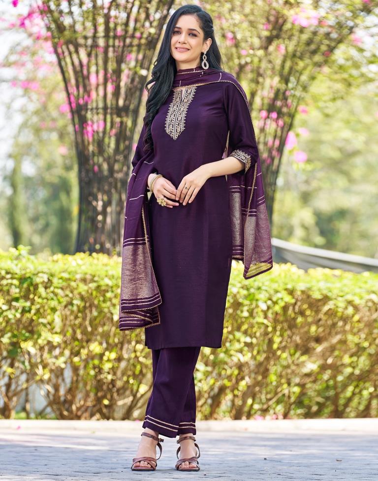 Deep Purple Silk Embroidery Straight Kurta Set