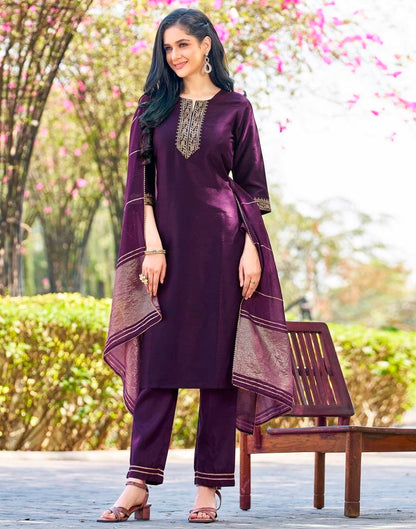 Deep Purple Silk Embroidery Straight Kurta Set