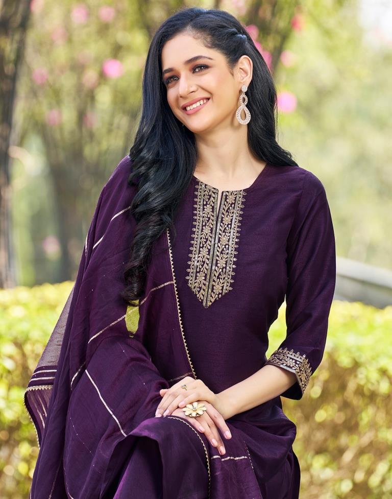 Deep Purple Silk Embroidery Straight Kurta Set