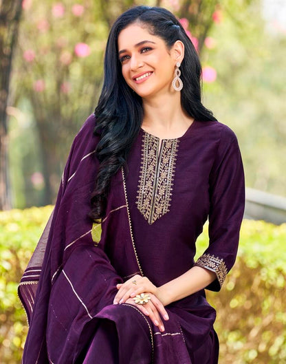 Deep Purple Silk Embroidery Straight Kurta Set