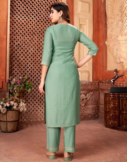 Teal Green Cotton Embroidery Straight Kurta Set