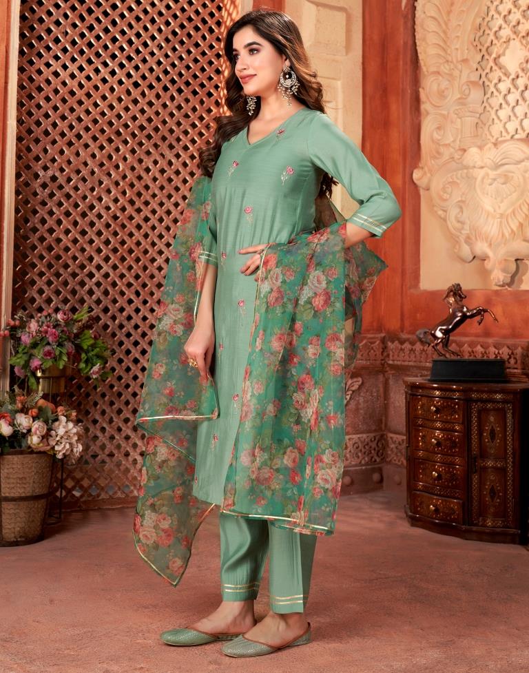 Teal Green Cotton Embroidery Straight Kurta Set