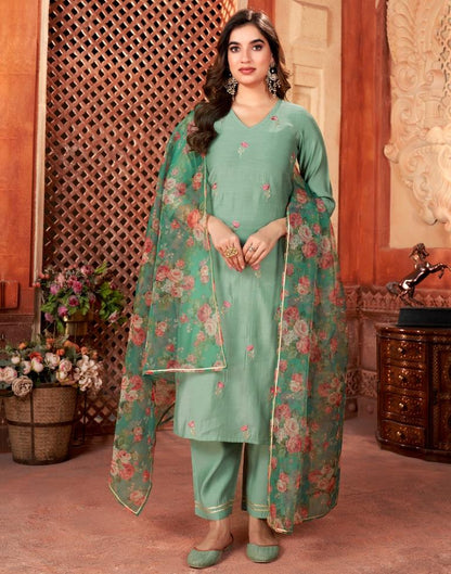 Teal Green Cotton Embroidery Straight Kurta Set