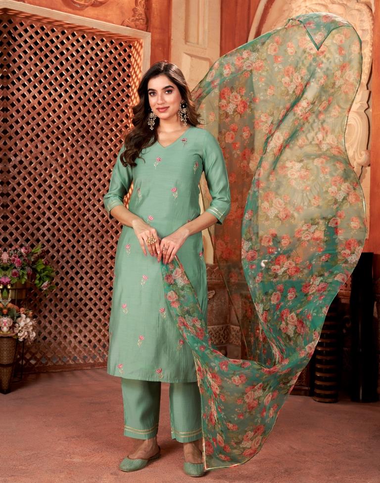 Teal Green Cotton Embroidery Straight Kurta Set