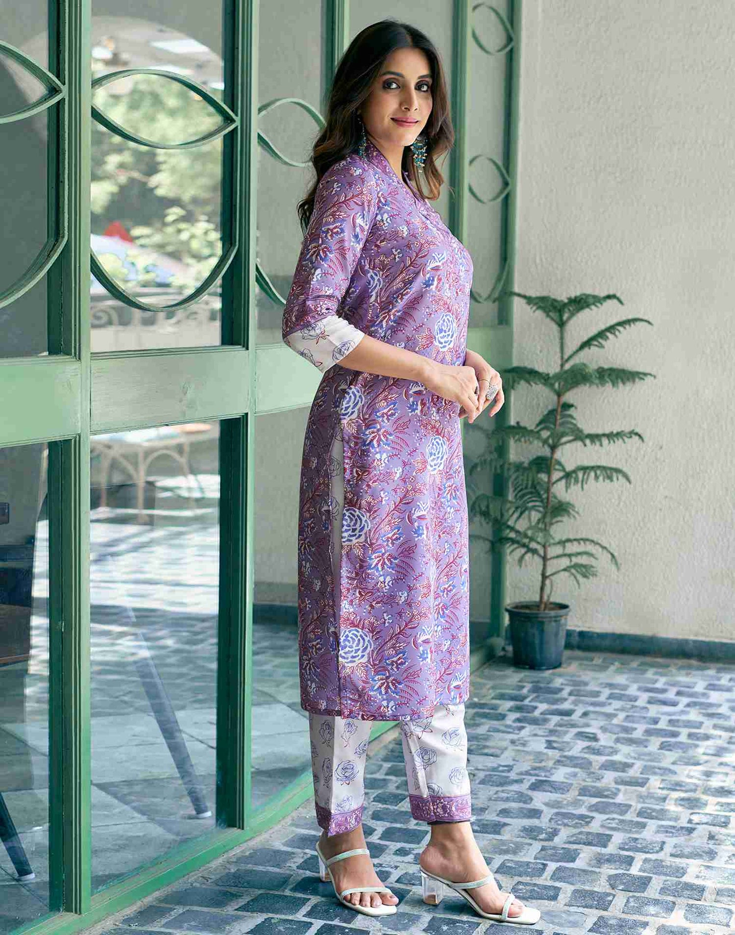 Lavender Rayon Printed Kurta Set With Dupatta