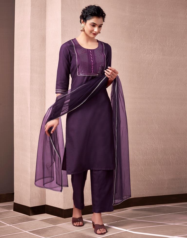 Wine Cotton Embroidery Straight Kurta Set