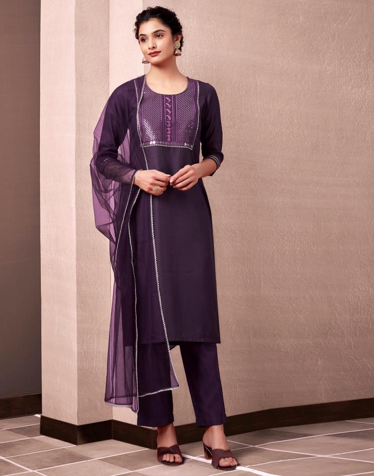 Wine Cotton Embroidery Straight Kurta Set