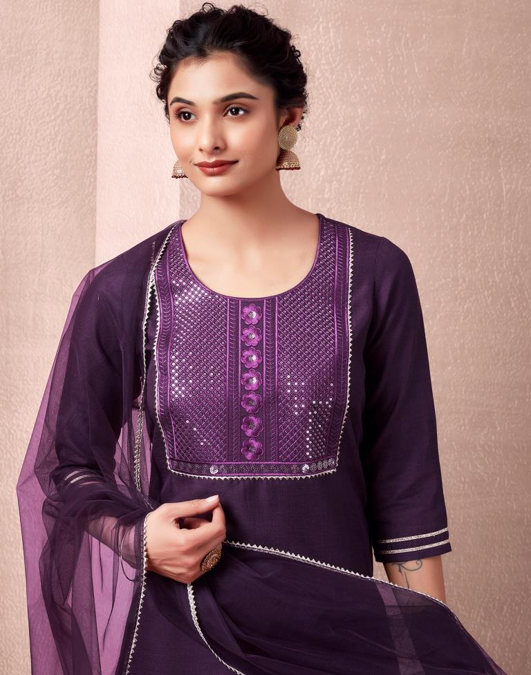 Wine Cotton Embroidery Straight Kurta Set