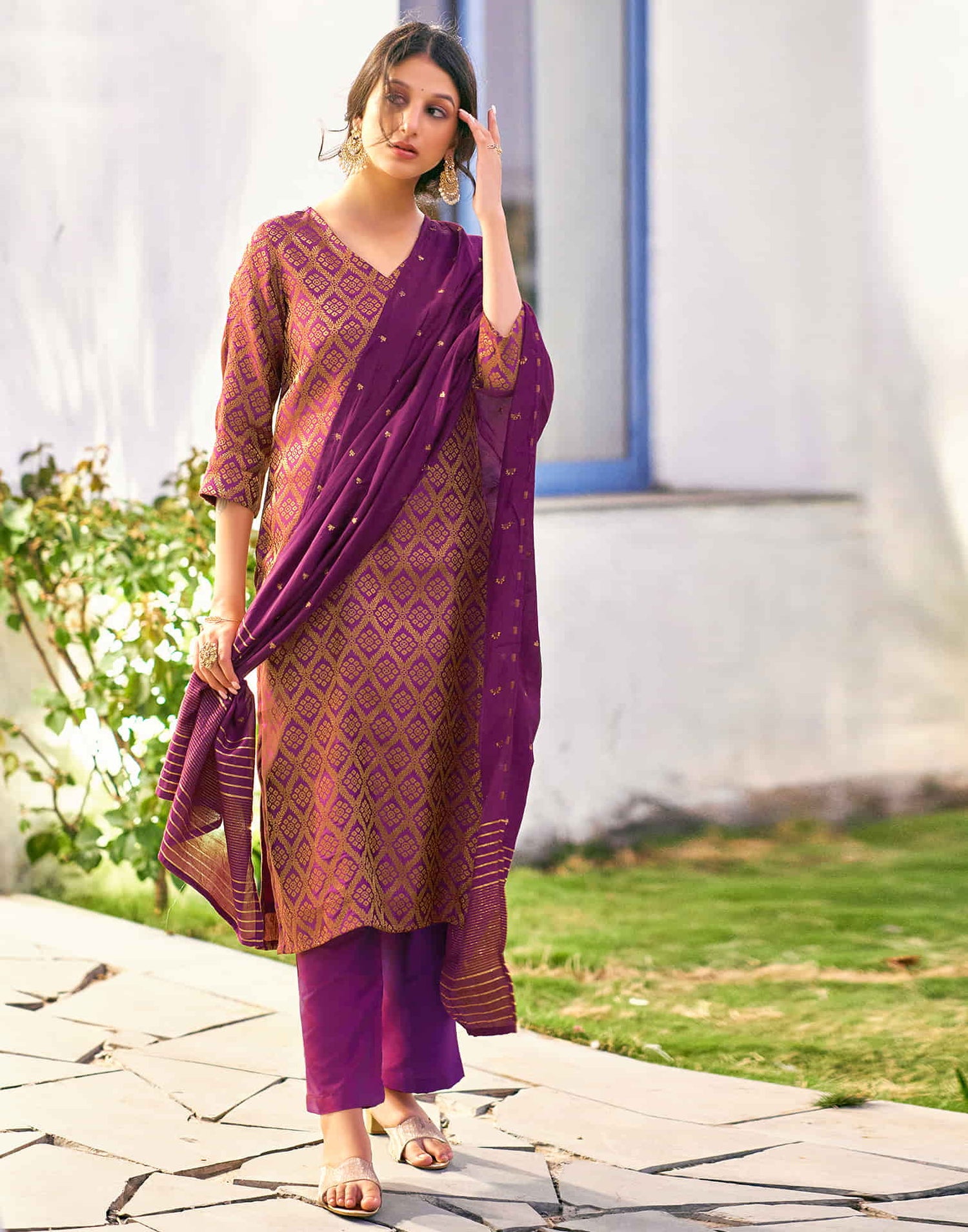 Dark Magenta Woven Brocade Straight Kurta With Pant And Dupatta