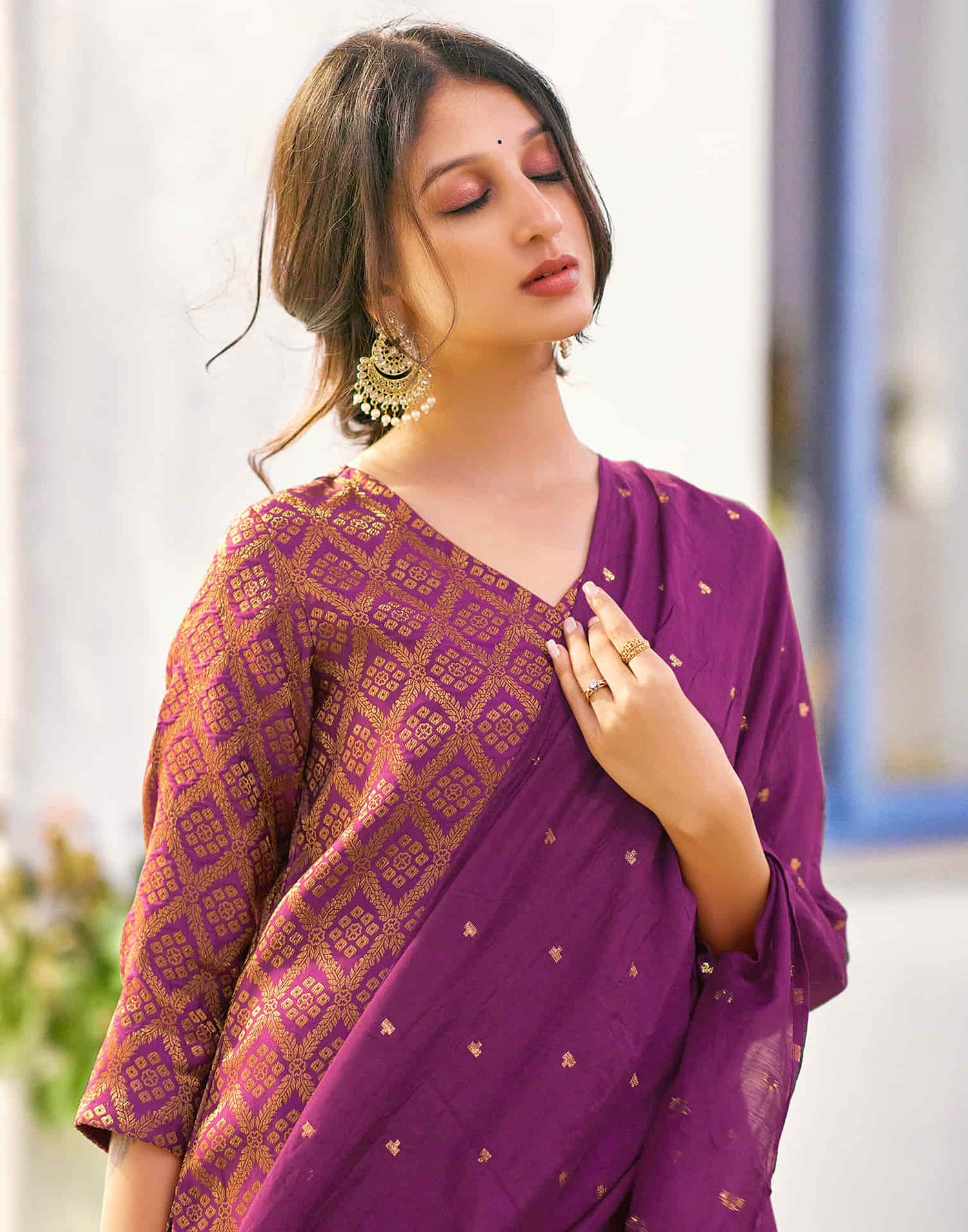 Dark Magenta Woven Brocade Straight Kurta With Pant And Dupatta