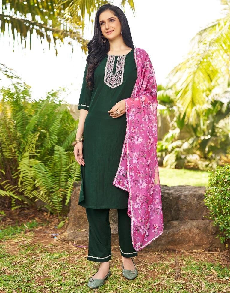 Pink Chinnon Embroidery Straight Kurta Set