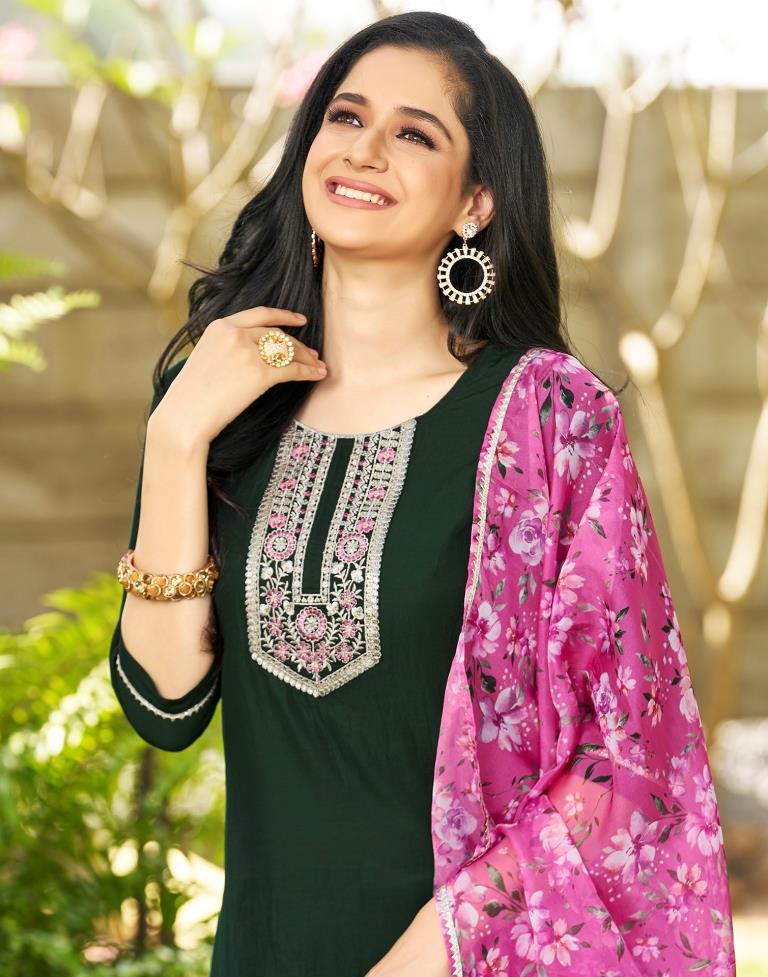 Pink Chinnon Embroidery Straight Kurta Set