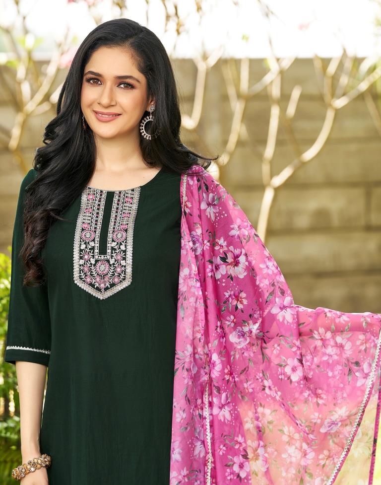 Pink Chinnon Embroidery Straight Kurta Set