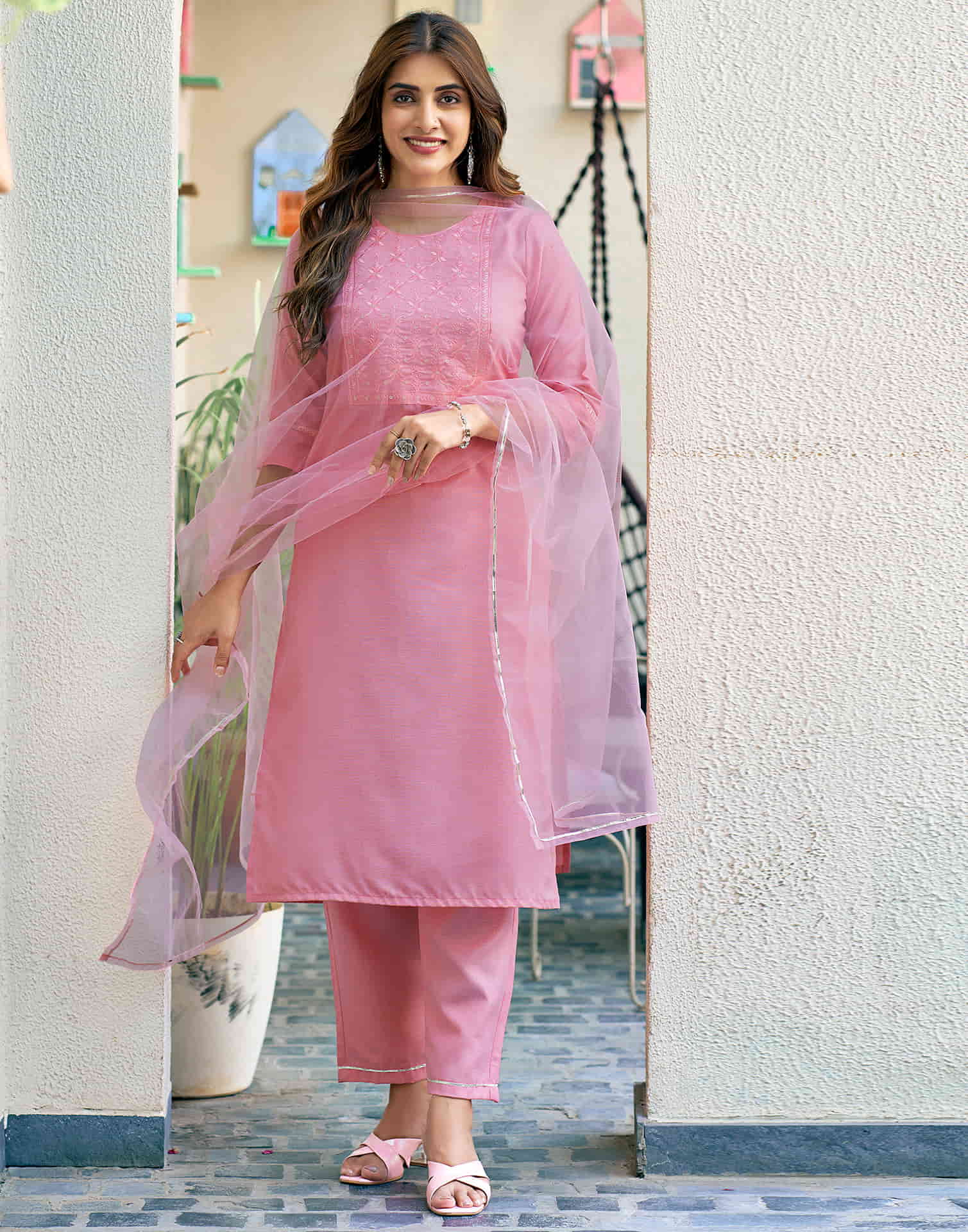 Light Pink Sequence Cotton Straight Kurta With Pant And Dupatta