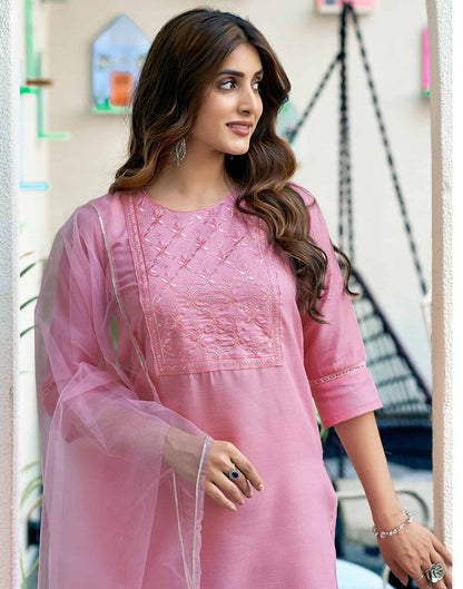 Light Pink Sequence Cotton Straight Kurta With Pant And Dupatta