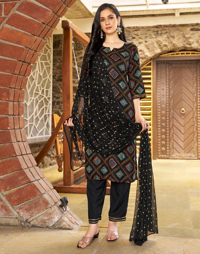 Black Rayon Printed Straight Kurta Set