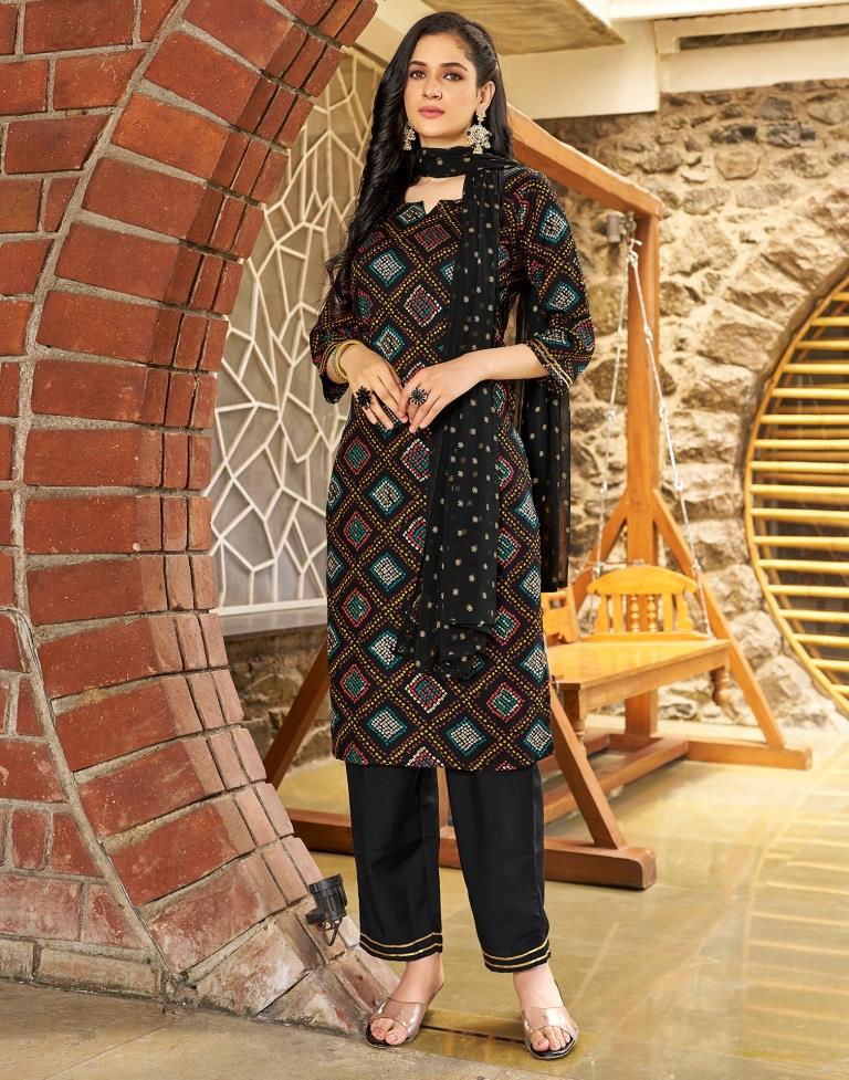 Black Rayon Printed Straight Kurta Set