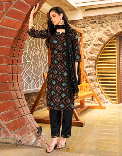 Black Rayon Printed Straight Kurta Set