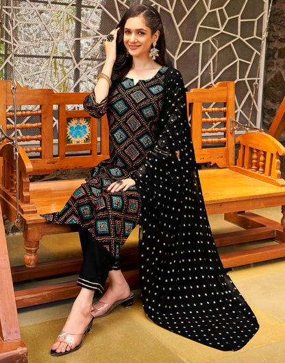 Black Rayon Printed Straight Kurta Set