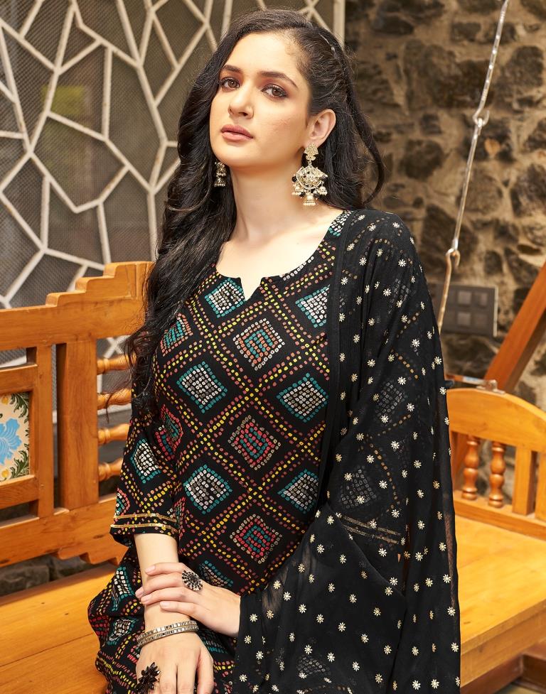 Black Rayon Printed Straight Kurta Set