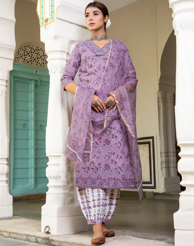 Lavender Printed Rayon Straight Kurta Set with Dupatta