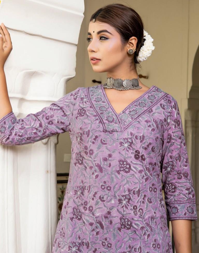 Lavender Printed Rayon Straight Kurta Set with Dupatta