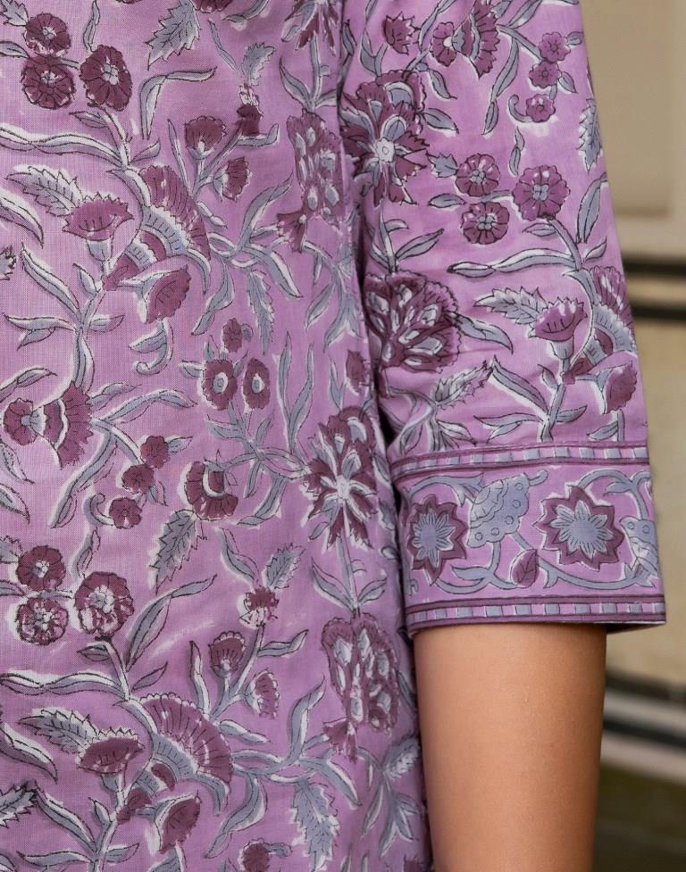 Lavender Printed Rayon Straight Kurta Set with Dupatta