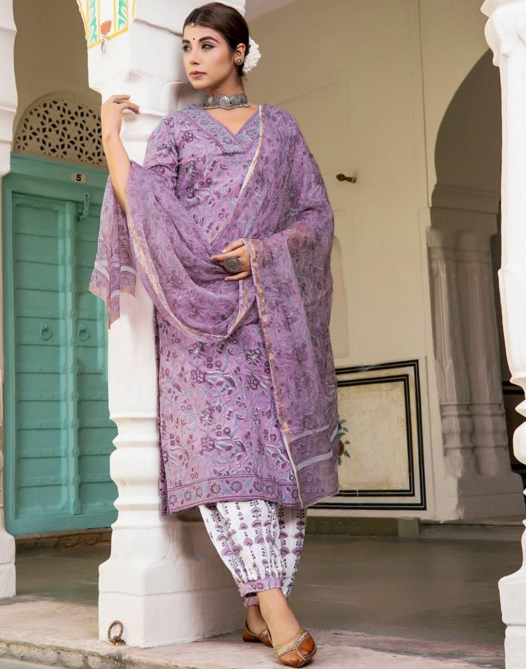 Lavender Printed Rayon Straight Kurta Set with Dupatta