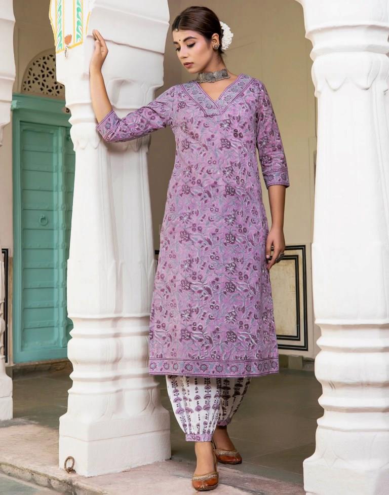 Lavender Printed Rayon Straight Kurta Set with Dupatta