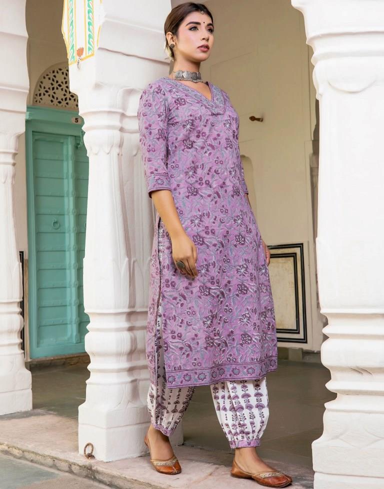 Lavender Printed Rayon Straight Kurta Set with Dupatta