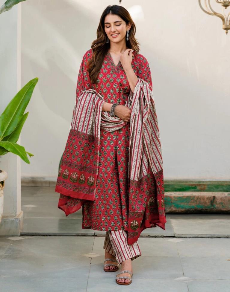 Red Printed Rayon A-Line Kurta Set with Dupatta