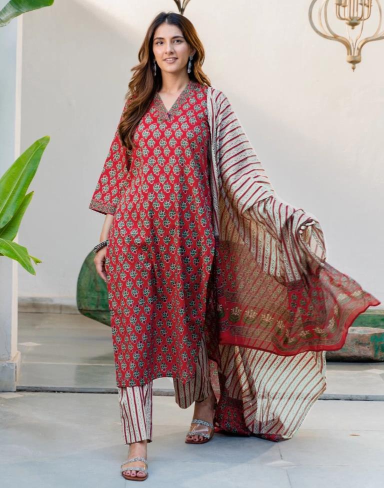 Red Printed Rayon A-Line Kurta Set with Dupatta