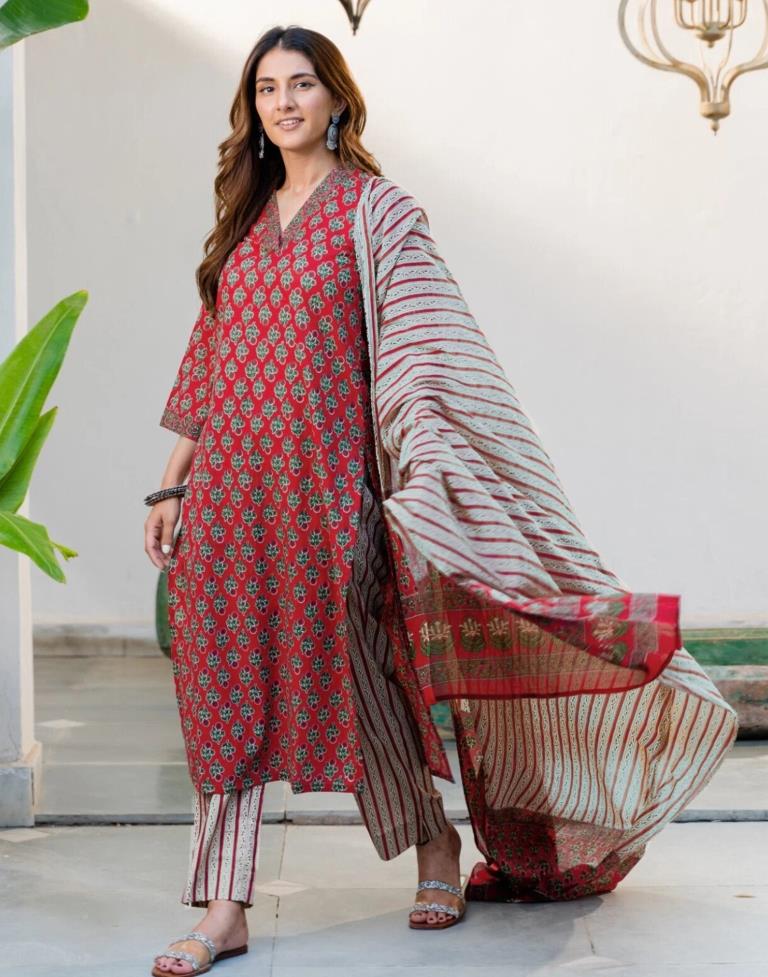 Red Printed Rayon A-Line Kurta Set with Dupatta